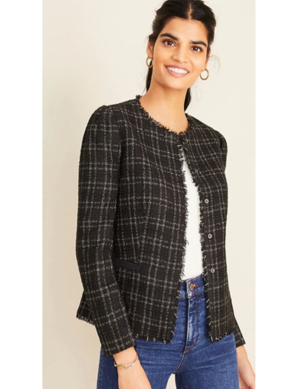 Ann Taylor Tweed Plaid Crewneck Single Breasted Blazer Jacket Career Black 8